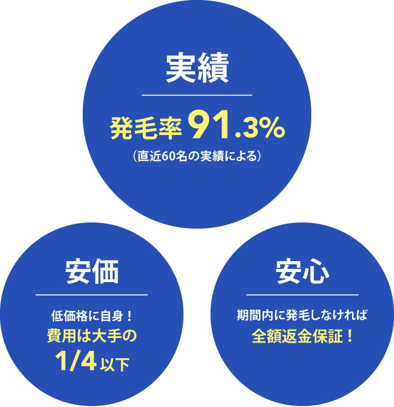 実績：発毛率91.3%（直近60名の実績による） 安価；低価格に自信！費用は大手の1/4以下 安心：期間内に発毛しなければ全額返金保証！